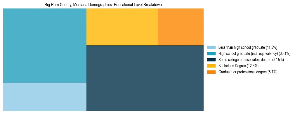 Treemap chart illustrating the educational attainment breakdown for population 25 years and over in Big Horn County, Montana.