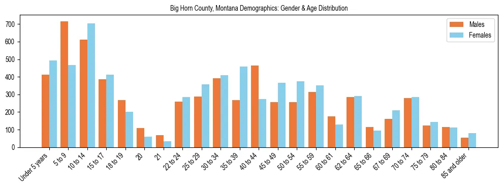 Bar chart showing the population distribution of Big Horn County, Montana by age group and gender, based on 2023 ACS data.