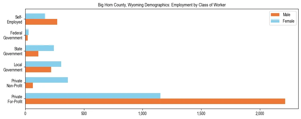 Horizontal bar chart showing employment distribution by class of worker and gender in Big Horn County, Wyoming, based on 2023 ACS data.