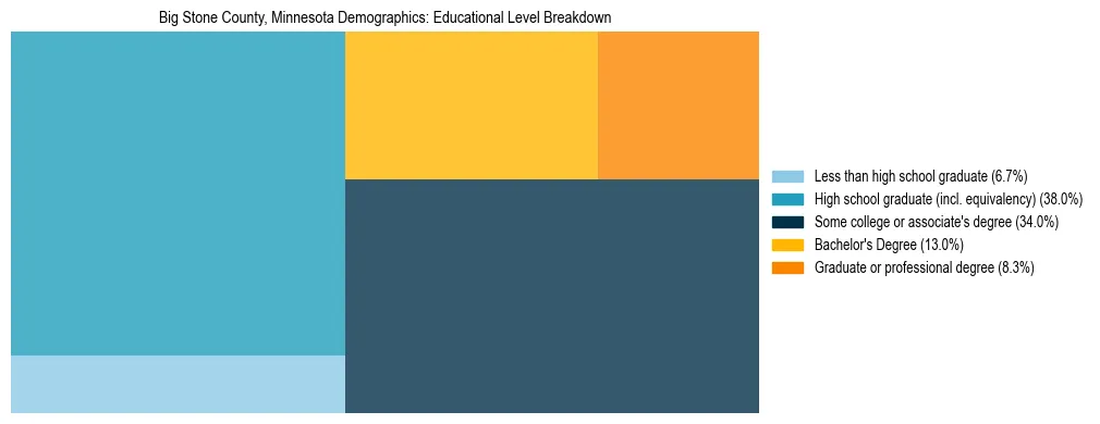 Treemap chart illustrating the educational attainment breakdown for population 25 years and over in Big Stone County, Minnesota.