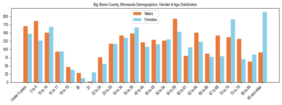 Bar chart showing the population distribution of Big Stone County, Minnesota by age group and gender, based on 2023 ACS data.