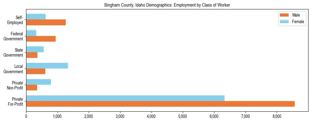 Horizontal bar chart showing employment distribution by class of worker and gender in Bingham County, Idaho, based on 2023 ACS data.