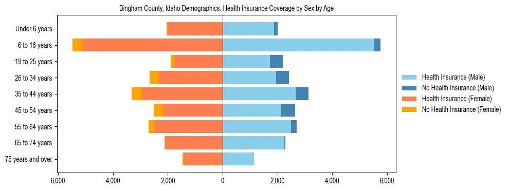 Pyramid chart showing health insurance coverage by age and sex in Bingham County, Idaho.
