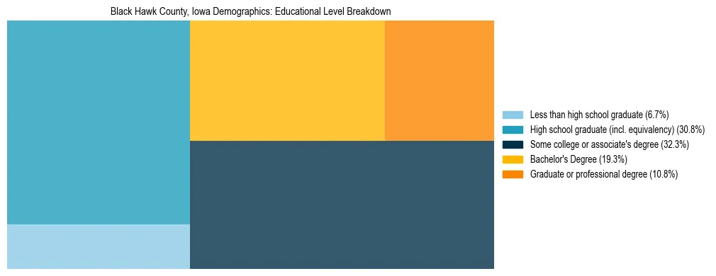 Treemap chart illustrating the educational attainment breakdown for population 25 years and over in Black Hawk County, Iowa.