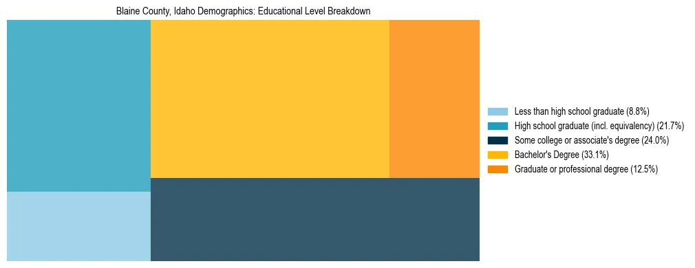 Treemap chart illustrating the educational attainment breakdown for population 25 years and over in Blaine County, Idaho.
