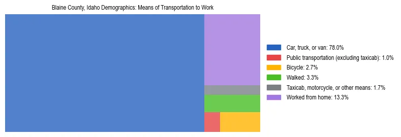 Treemap showing means of transportation to work distribution in Blaine County, Idaho.