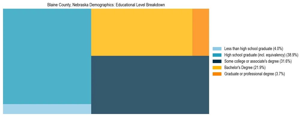 Treemap chart illustrating the educational attainment breakdown for population 25 years and over in Blaine County, Nebraska.