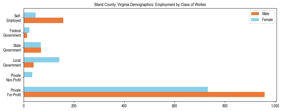 Horizontal bar chart showing employment distribution by class of worker and gender in Bland County, Virginia, based on 2023 ACS data.