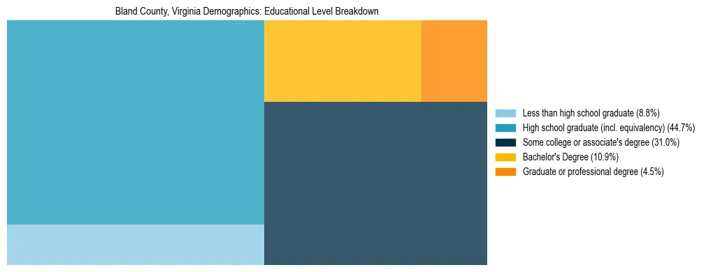 Treemap chart illustrating the educational attainment breakdown for population 25 years and over in Bland County, Virginia.