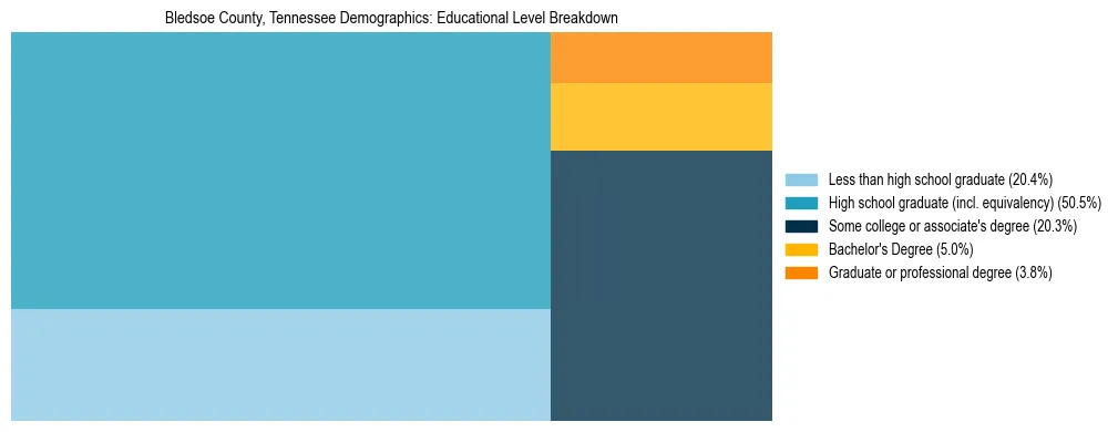 Treemap chart illustrating the educational attainment breakdown for population 25 years and over in Bledsoe County, Tennessee.