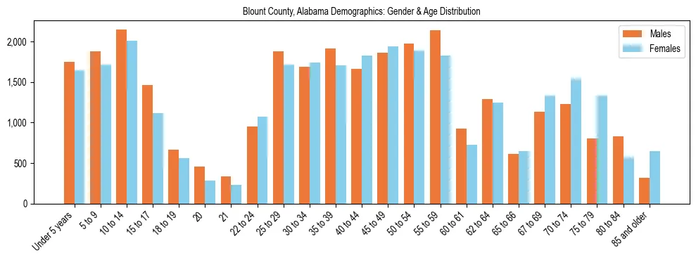 Bar chart showing the population distribution of Blount County, Alabama by age group and gender, based on 2023 ACS data.