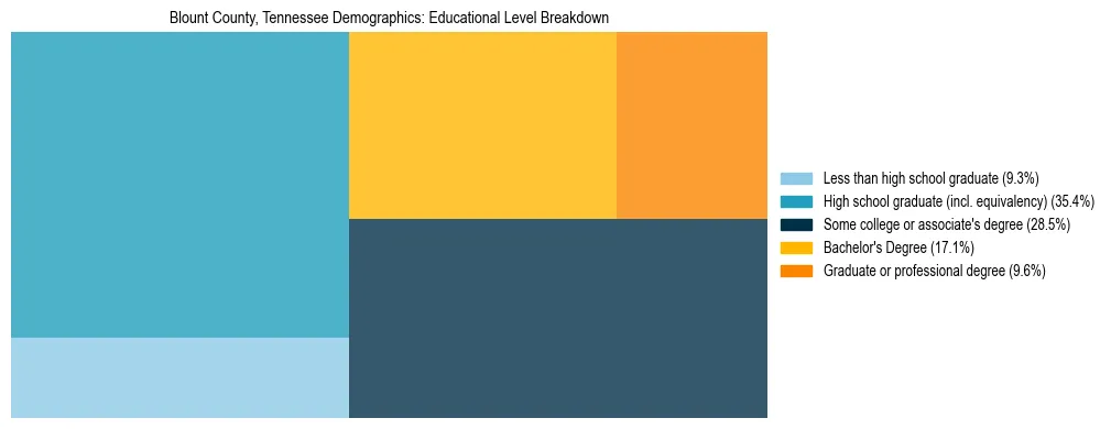 Treemap chart illustrating the educational attainment breakdown for population 25 years and over in Blount County, Tennessee.