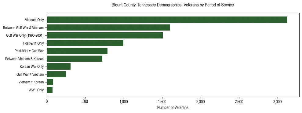 Horizontal bar chart showing veteran distribution by period of military service in Blount County, Tennessee, based on 2023 ACS data.