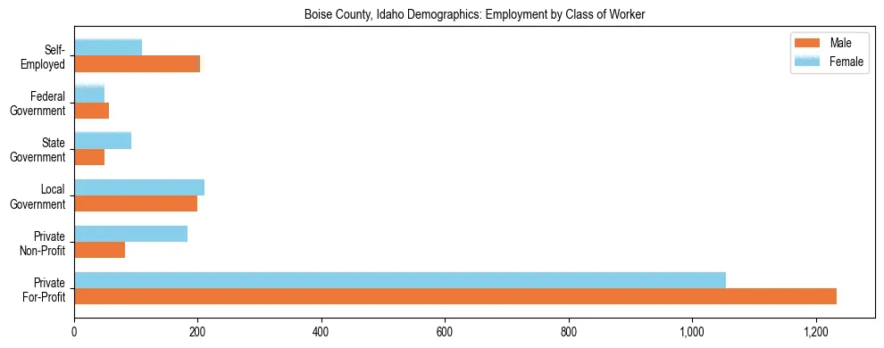 Horizontal bar chart showing employment distribution by class of worker and gender in Boise County, Idaho, based on 2023 ACS data.