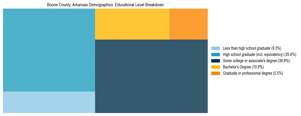 Treemap chart illustrating the educational attainment breakdown for population 25 years and over in Boone County, Arkansas.