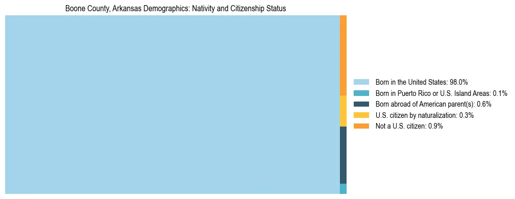 Treemap showing the population distribution by nativity and citizenship status in Boone County, Arkansas based on U.S. Census data.