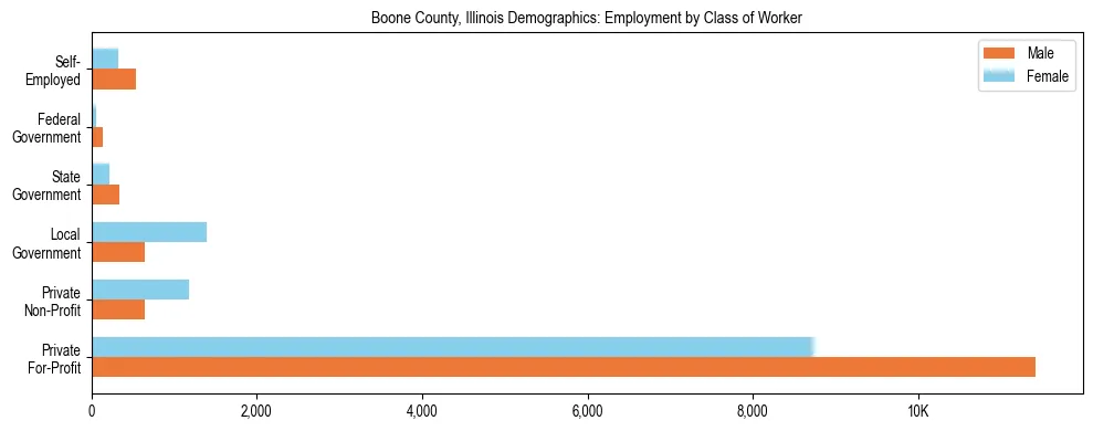 Horizontal bar chart showing employment distribution by class of worker and gender in Boone County, Illinois, based on 2023 ACS data.