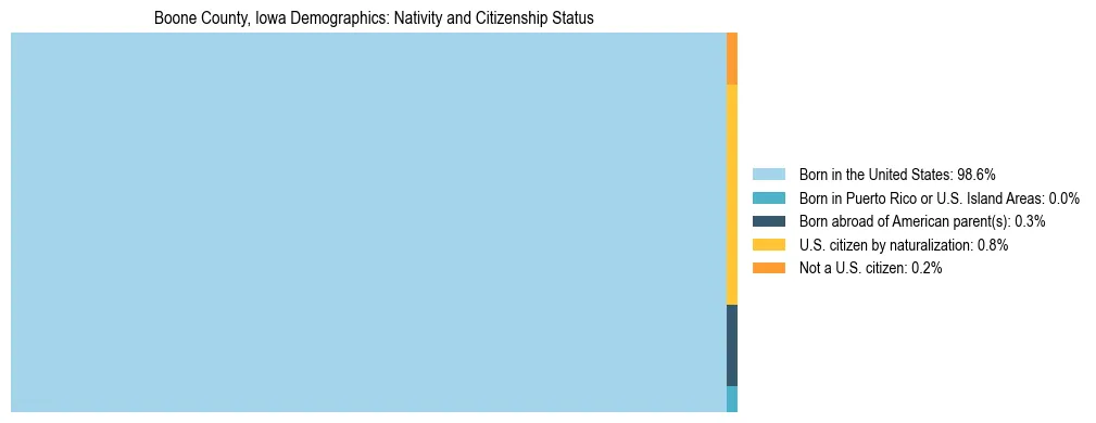 Treemap showing the population distribution by nativity and citizenship status in Boone County, Iowa based on U.S. Census data.