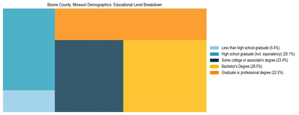 Treemap chart illustrating the educational attainment breakdown for population 25 years and over in Boone County, Missouri.