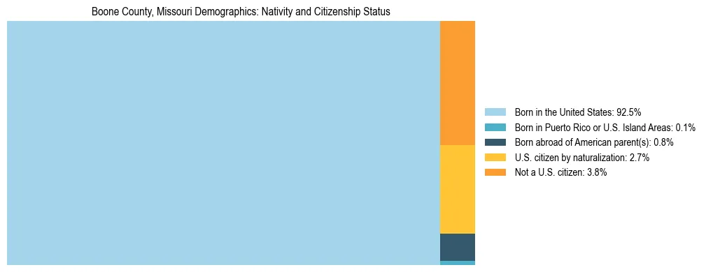 Treemap showing the population distribution by nativity and citizenship status in Boone County, Missouri based on U.S. Census data.