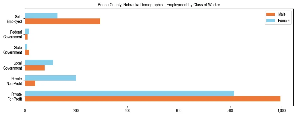 Horizontal bar chart showing employment distribution by class of worker and gender in Boone County, Nebraska, based on 2023 ACS data.