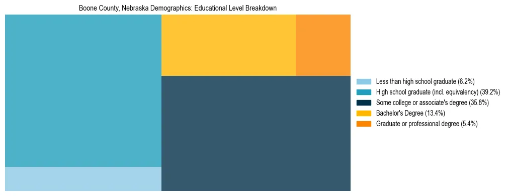 Treemap chart illustrating the educational attainment breakdown for population 25 years and over in Boone County, Nebraska.