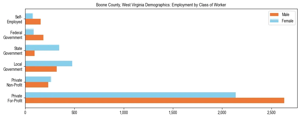 Horizontal bar chart showing employment distribution by class of worker and gender in Boone County, West Virginia, based on 2023 ACS data.