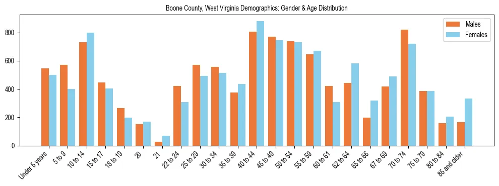 Bar chart showing the population distribution of Boone County, West Virginia by age group and gender, based on 2023 ACS data.