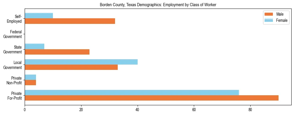 Horizontal bar chart showing employment distribution by class of worker and gender in Borden County, Texas, based on 2023 ACS data.