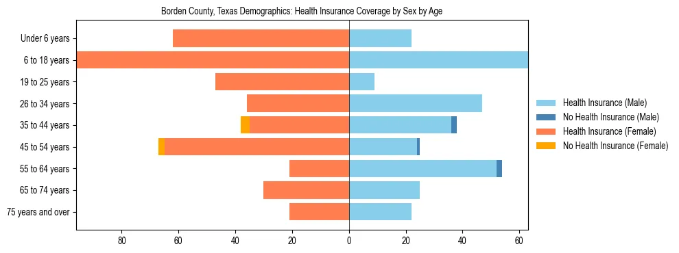 Pyramid chart showing health insurance coverage by age and sex in Borden County, Texas.