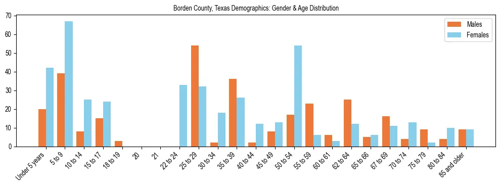 Bar chart showing the population distribution of Borden County, Texas by age group and gender, based on 2023 ACS data.