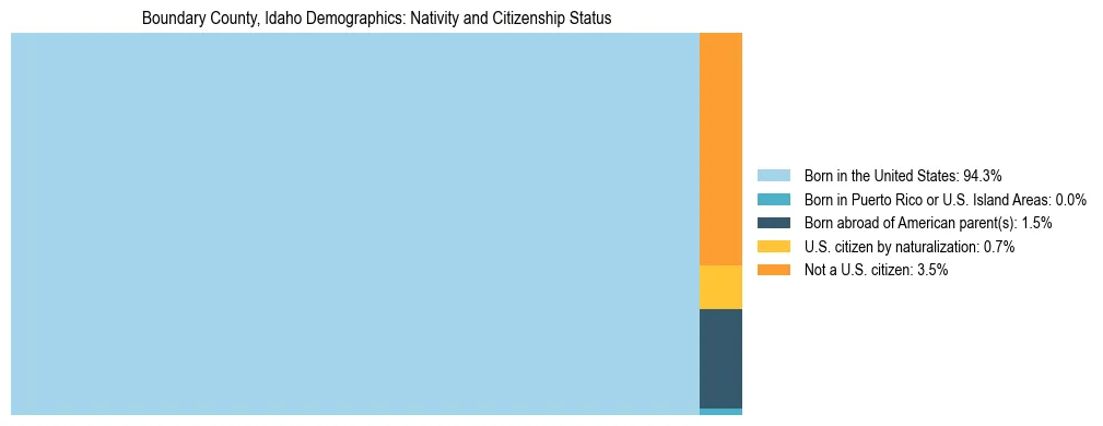 Treemap showing the population distribution by nativity and citizenship status in Boundary County, Idaho based on U.S. Census data.