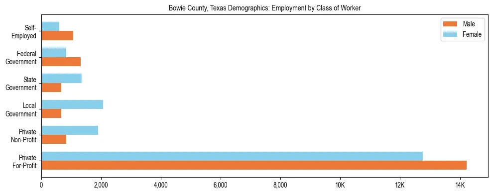 Horizontal bar chart showing employment distribution by class of worker and gender in Bowie County, Texas, based on 2023 ACS data.