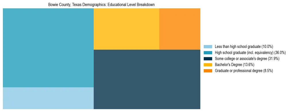 Treemap chart illustrating the educational attainment breakdown for population 25 years and over in Bowie County, Texas.