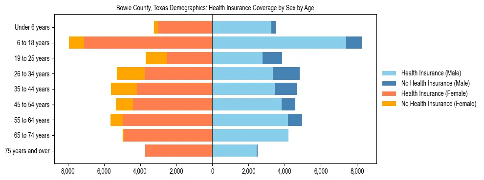 Pyramid chart showing health insurance coverage by age and sex in Bowie County, Texas.