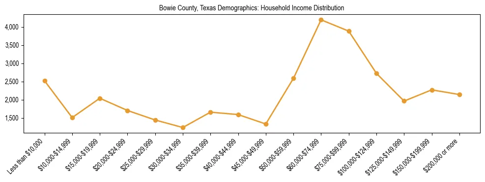 Horizontal bar chart showing household income distribution in Bowie County, Texas.