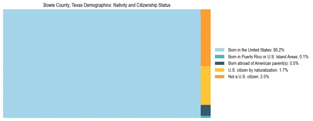 Treemap showing the population distribution by nativity and citizenship status in Bowie County, Texas based on U.S. Census data.