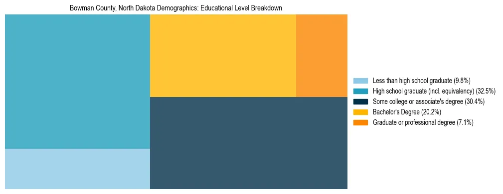 Treemap chart illustrating the educational attainment breakdown for population 25 years and over in Bowman County, North Dakota.