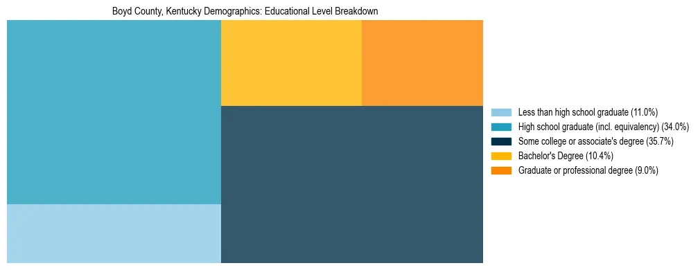 Treemap chart illustrating the educational attainment breakdown for population 25 years and over in Boyd County, Kentucky.