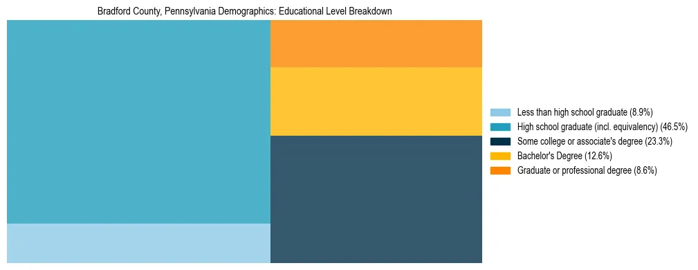 Treemap chart illustrating the educational attainment breakdown for population 25 years and over in Bradford County, Pennsylvania.