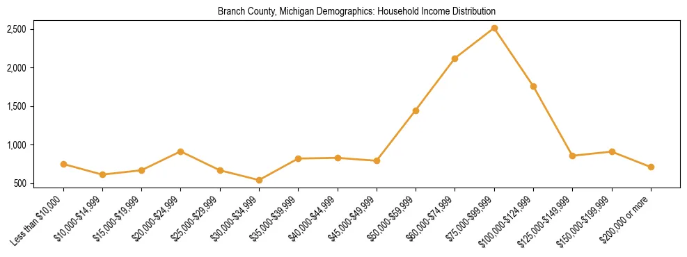 Horizontal bar chart showing household income distribution in Branch County, Michigan.