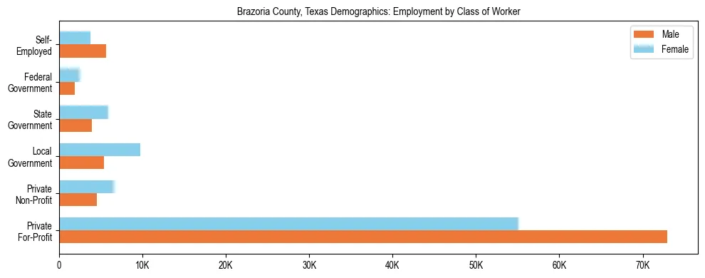Horizontal bar chart showing employment distribution by class of worker and gender in Brazoria County, Texas, based on 2023 ACS data.