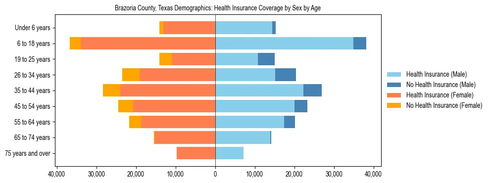 Pyramid chart showing health insurance coverage by age and sex in Brazoria County, Texas.