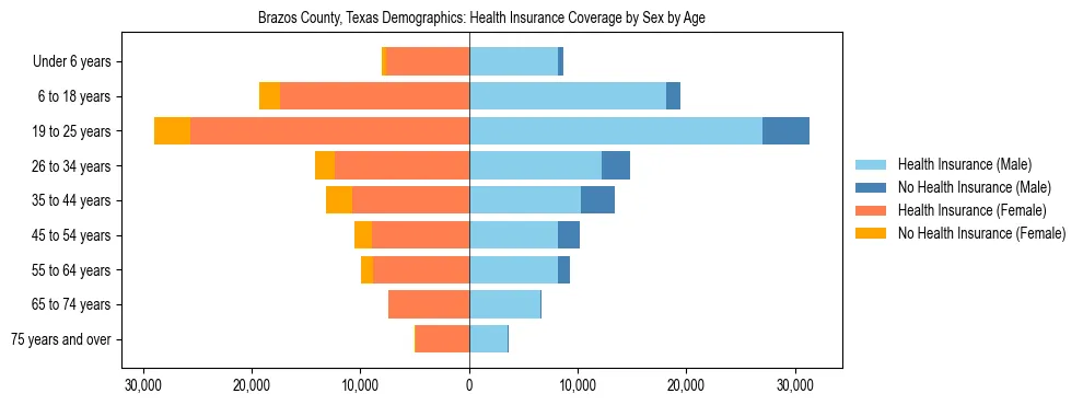 Pyramid chart showing health insurance coverage by age and sex in Brazos County, Texas.