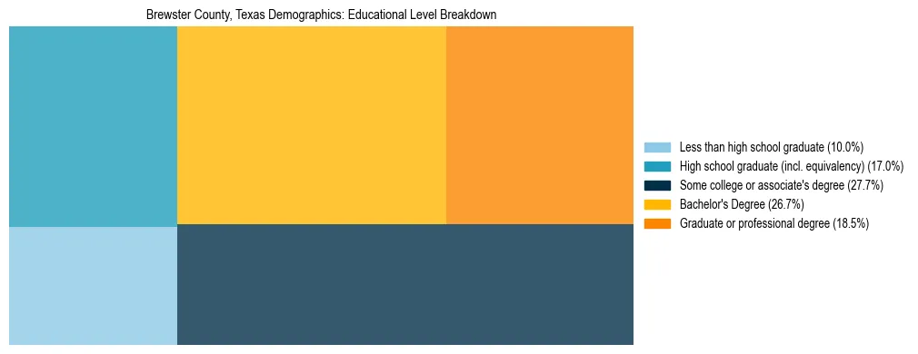 Treemap chart illustrating the educational attainment breakdown for population 25 years and over in Brewster County, Texas.