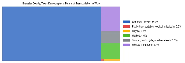 Treemap showing means of transportation to work distribution in Brewster County, Texas.
