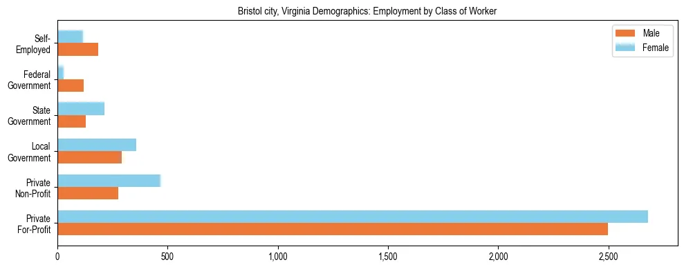Horizontal bar chart showing employment distribution by class of worker and gender in Bristol city, Virginia, based on 2023 ACS data.