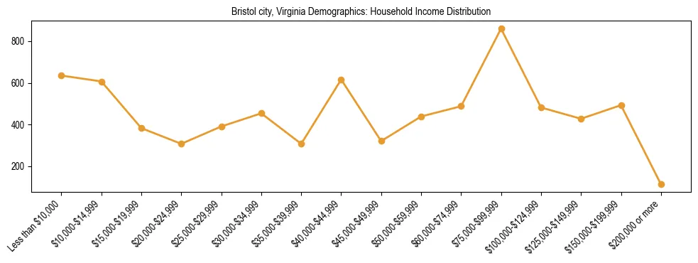 Horizontal bar chart showing household income distribution in Bristol city, Virginia.