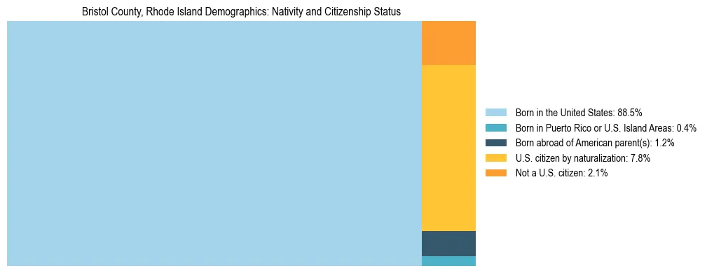 Treemap showing the population distribution by nativity and citizenship status in Bristol County, Rhode Island based on U.S. Census data.