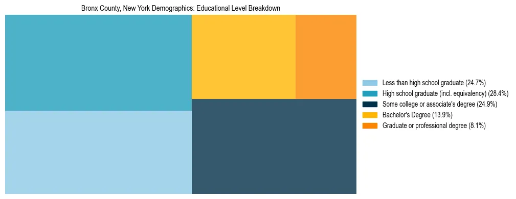 Treemap chart illustrating the educational attainment breakdown for population 25 years and over in Bronx County, New York.
